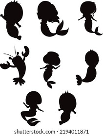 Collection of Mermaids isolated vector Silhouettes