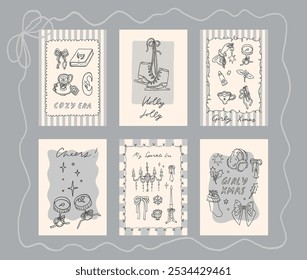 Collection of Merry Christmas cards in trendy coquette style. Girly winter poster design. Bows, ribbons, festive decorative elements, backgrounds, frames. Whimsical hand drawn illustrations, vector