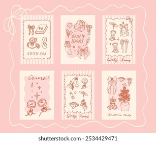 Collection of Merry Christmas cards in trendy coquette style. Girly winter poster design. Bows, ribbons, festive decorative elements, backgrounds, frames. Whimsical hand drawn illustrations, vector