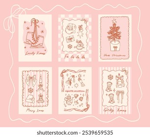Collection of Merry Christmas cards in trendy coquette style. Girly winter poster design. Bows, ribbons, festive decorative elements, backgrounds, frames. Whimsical hand drawn illustrations, vector