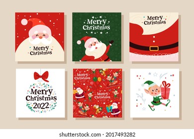 Collection of Merry Christmas congratulation cards with Santa Claus and elf character, xmas pattern and text congratulation. Vector flat cartoon illustration. For banner, invitation, packaging, tag.