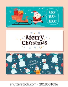 Collection of Merry Christmas congratulation cards with Santa Claus character, sleigh full of presents, snowmen pattern, handwriting. Vector flat cartoon illustration. For banner, flayer, invitation.
