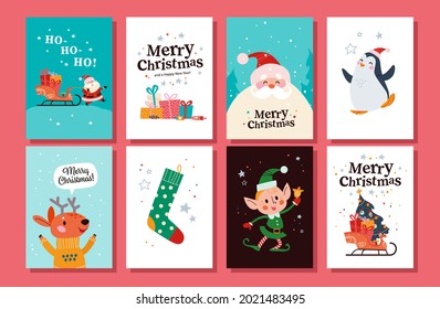 Collection of Merry Christmas congratulation cards with Santa Claus, reindeer, penguin, elf character, xmas stocking, sleigh full of gifts, fir tree. Vector flat cartoon illustration. For banner, tag.