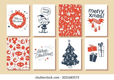 Collection of Merry Christmas congratulation cards with elf character, xmas tree, pattern, text greeting. Vector flat illustration. For tags, banners, prints, packaging, invitations.