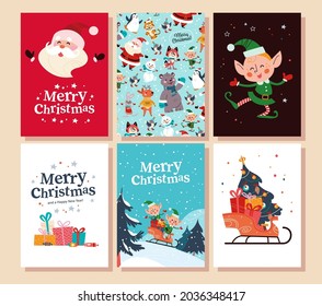 Collection of Merry Christmas congratulation cards with Santa Claus, elves characters sledding, gifts and pattern. Vector flat cartoon illustration. For invitation, banner, tag, package, web.