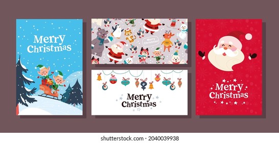 Collection of Merry Christmas congratulation cards with Santa Claus character, elves sledding, pattern and fir tree toys. Vector flat cartoon illustration. For invitation, tag, package, banner.