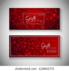 Collection of Merry Christmas Gift Voucher with best discount offers on glossy, glowing red background.