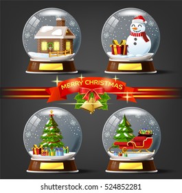 Collection Merry Christmas Glass Ball. Vector Mini Scale A House, Gift, Snowman And Sleigh In Snow Globe. Toy Product Of December Festival.