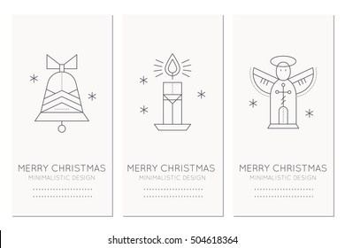 Collection of Merry Christmas greeting card templates with holiday symbols (jingle bell, candle, angel). Creative tribal line style design layout. Minimalistic monochrome set