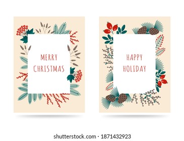 Collection of Merry Christmas greeting cards with winter plants frame in the retro style. Stock vector illustrations with botanical symbols of holiday- pine, cone, branch, berry in red, green colors