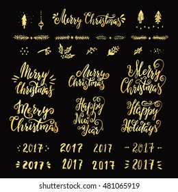 Collection of Merry Christmas hand lettering in different styles .Vector illustration.