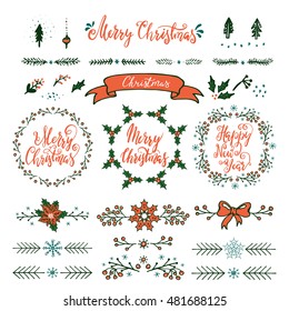 Collection of Merry Christmas hand lettering in different styles .Vector illustration.