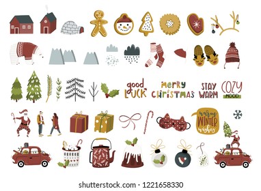 Collection of Merry Christmas And Happy New Year elements. Greeting stylish illustration with winter toys, decoration, bear, people, santa, tree, lettering.