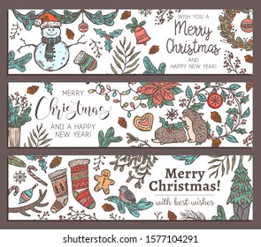 Collection of Merry Christmas and Happy New Year horizontal colorful banners. Greeting sketch hand drawn illustration for wed. Doodle festive posters or cards