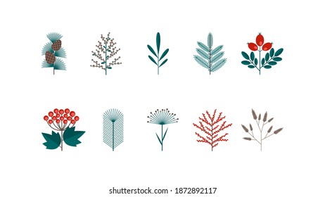 A collection of Merry Christmas and Happy New year floral elements in a flat retro style. Suitable for creating postcards, banners and patterns. Vector illustration isolated on a white background