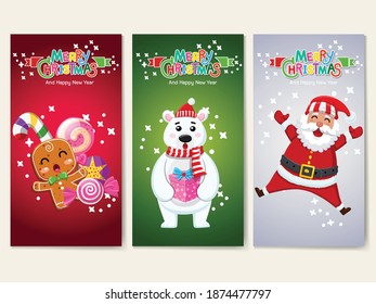 Collection Merry Christmas and Happy New Year greeting cards. Christmas candy, Polar Bear, Santa Claus, characters. Set of vector icons illustrations