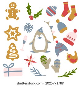 Collection of Merry Christmas And Happy New Year elements. Greeting stylish illustration of winter hats, leafs, gingerbread, pinguin, toys.