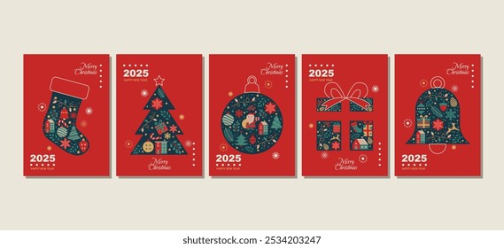 Collection of Merry Christmas and Happy New Year card templates. Icons in abstract modern flat style.Winter poster set.Christmas tree, Christmas sock, berries, wreath and present. Season's greetings