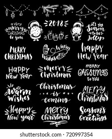 Collection of Merry Christmas and Happy New Year hand lettering in different styles.Vector illustration.