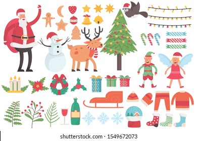 Collection of Merry Christmas holiday set for decoration, happy winter season festival , Santa Claus, snowman, reindeer, gifts and stuffs for celebration. cartoon character flat vector illustration