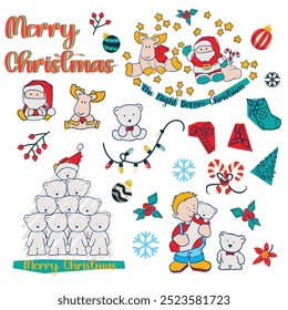Collection of Merry Christmas holiday set for decoration, happy winter season festival , Santa Claus, snowman, reindeer, gifts and stuffs for