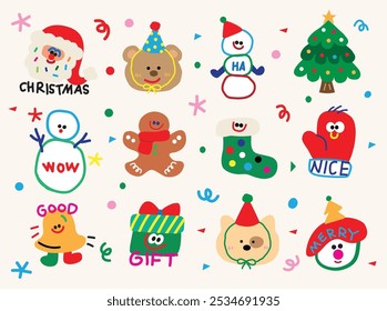 Collection of Merry Christmas holiday set for decoration, happy winter season festival , Santa Claus, snowman, reindeer, gifts and stuffs for