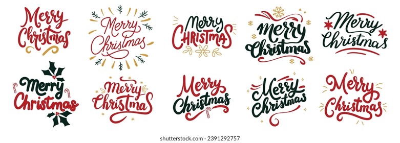 Collection Merry Christmas inscription, text banner. Handwriting calligraphy text Merry Christmas set. Merry Christmas handwriting inscription card. Hand drawn vector art