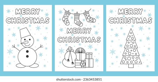Collection of Merry Christmas and New Year greeting cards, poster, holiday cover. Christmas design with beautiful snowflakes in line art style. Gift boxes, Christmas socks, snowman, Christmas tree.