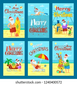 Collection of Merry Christmas postcards holiday. Santa have rest on beach with monkey and snowman, swimming and standing with phone and surfboard vector