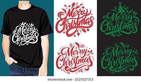 Collection Of Merry Christmas Typography T Shirt Design. Christmas T-shirt Design Ready For Print Fashion. Christmas Text Background Vector Design.