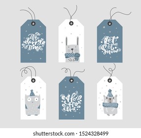 Collection Merry Christmas vector gift tags with handwritten calligraphy lettering text and bundle decorative xmas elements