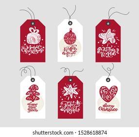 Collection Merry Christmas vector gift tags with handwritten calligraphy lettering text and bundle decorative xmas elements