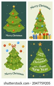 Collection Merry Christmas vertical greeting card vector flat illustration. Set holiday invitation festive decorated spruce calligraphy inscription. Classic congratulation winter event celebration