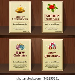 Collection of merry christmas vintage card design on wooden background.
