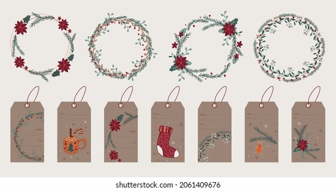 Sammlung von fröhlichen Weihnachtskranz und Hänger für Grußkarte, Hochzeitseinladung oder Bannerdesign. Winterferien-Elemente mit Fichte, Poinsettia, Weihnachtssock und Hirsch