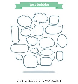 Collection of message balloons isolated on white background. Vector set of hand drawn text bubbles. Hand drawn conversation box set. Doodle speech clouds.