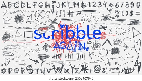 Collection of messy doodles and scribbles of arrow, shape, number, alphabet etc vector