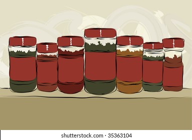 Collection of messy, hand drawn spice bottles lined up with copy space on labels. Outlines, color fill, paint strokes and background are all on separate layers.