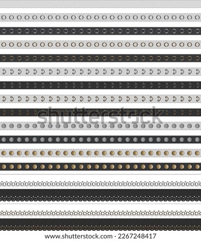 A collection of metal accessories for decorating and tailoring clothes, shoes, bags. Eyelets and grommets tape trims. Scalloped edge seamless brush strokes set. Metal, gold, silver, twill ribbons.