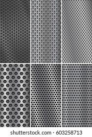 Collection of metal backgrounds. Perforated steel textures. Flyer templates. Vector 3d illustration