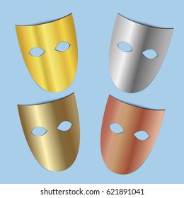 A collection of metal carnival medieval masks of gold, silver, bronze and copper. Vector illustration can be used in newsletter, brochures, postcards, banner.