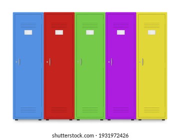 Collection of metal colored lockers realistic vector illustration. Set of various multicolored bright door with lock for storage personal things isolated on white. Private closet for safety keeping