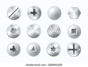 Collection of metal heads screws and nails vector illustration in realistic style. Set of different metallic bolts cap top view isolated. Circle iron equipment for construction, repair and attaching