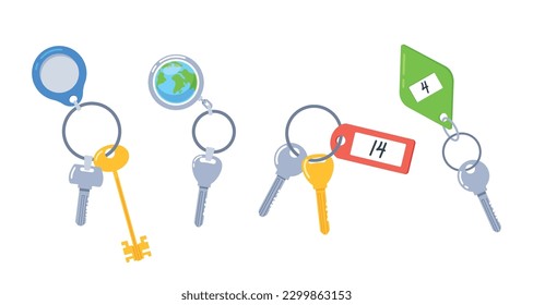 Collection Of Metal Keys And Compact, Convenient Keychains For Organizing And Keeping Keys Secure Cartoon Icons