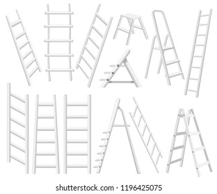 Collection of metal ladders. Different types of stepladders. Flat vector illustration isolated on white background.