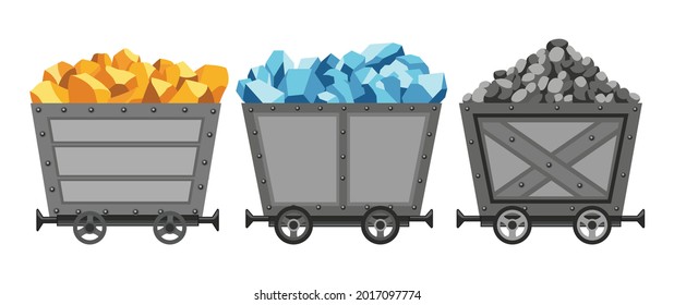 Collection of metal mine carts loaded with gold, crystals and stones or coal. Cartoon mine trolleys. Vector design illustration isolated on white background