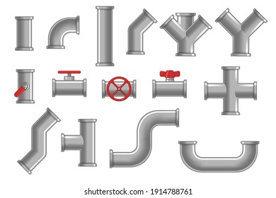 Collection of metal pipes. Gray steel pipelines, plastic tubes, valves and flanges, water drains isolated on white. Vector illustrations for plumbing, engineering, connection system concept