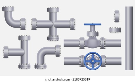 Collection of metal pipes.  Steel pipelines, plastic tubes, valves and flanges, water drains. Connection system concept. Vector illustration. Eps 10.