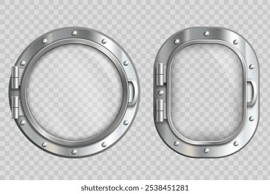 Colección de ojos de buey metálicos con ventana de vidrio. Plantilla de Vector aislada sobre fondo transparente.