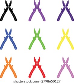 Collection of metal snips and wire cutters in vibrant colors, isolated on transparent background for workshop projects.